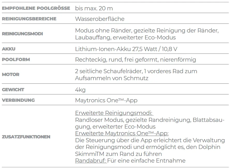 Poolreiniger Skimmi 200 Technische Daten